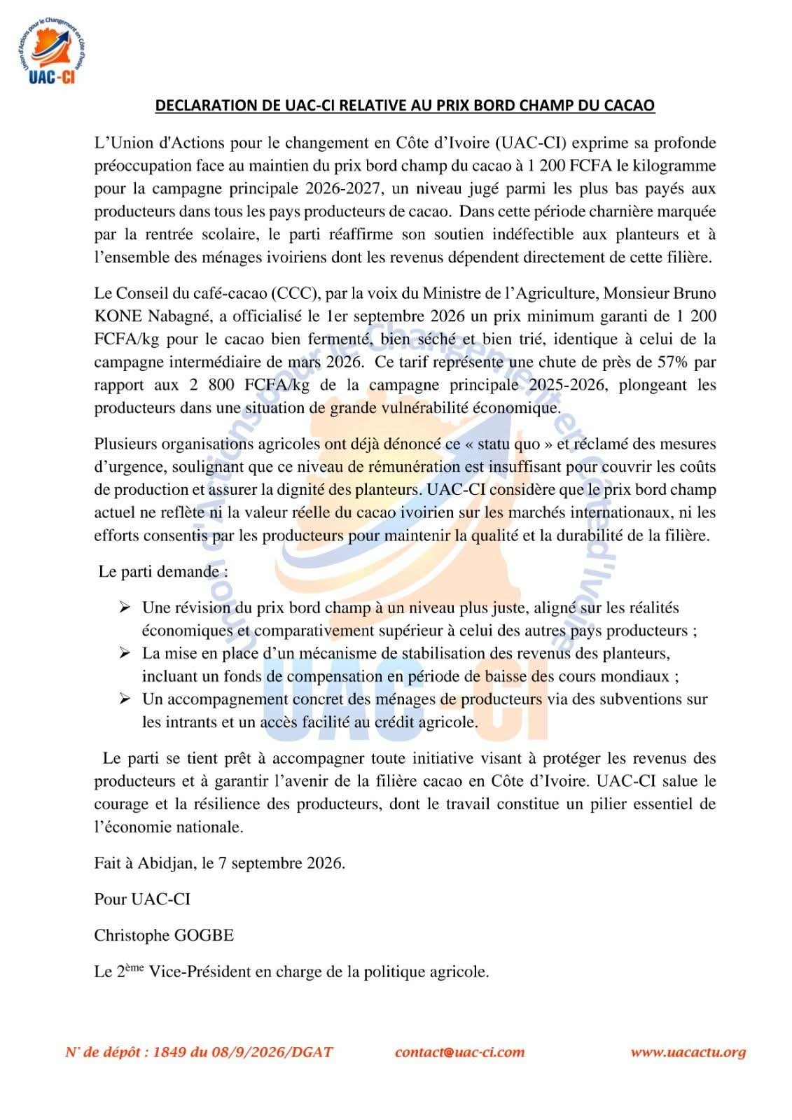 Déclaration sur la fixation par le Gouvernement du prix bord champ du cacao